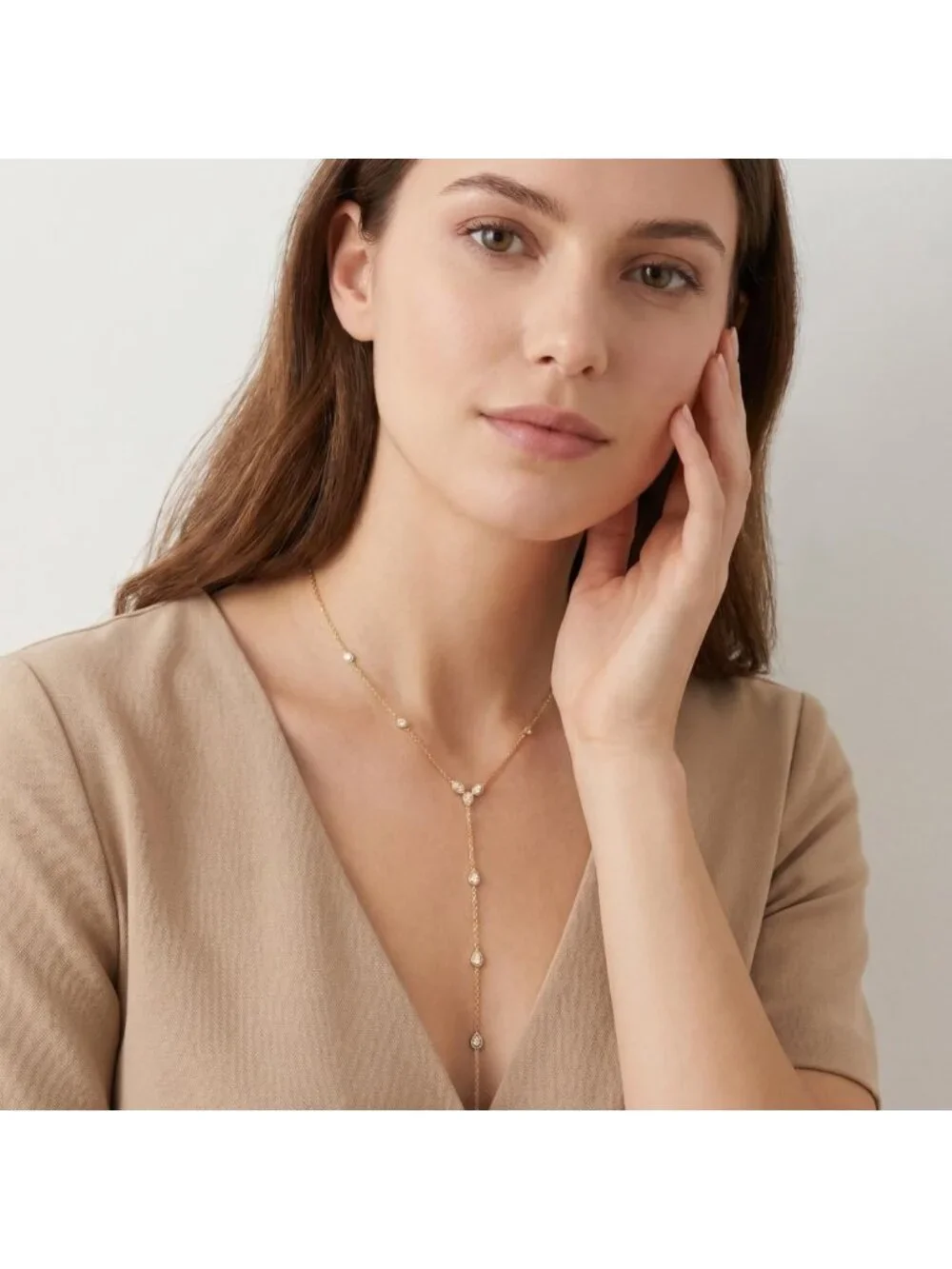 Dainty Gold Lariat Necklace - Waterproof Long Drop Chain with Cubic Zirconia
